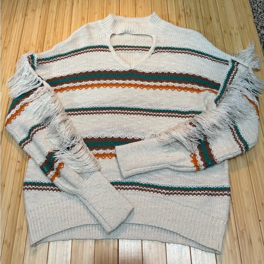 Fringe accent mock neck sweater. Size M. Beige,teal,orange,brown. - Picture 1 of 10